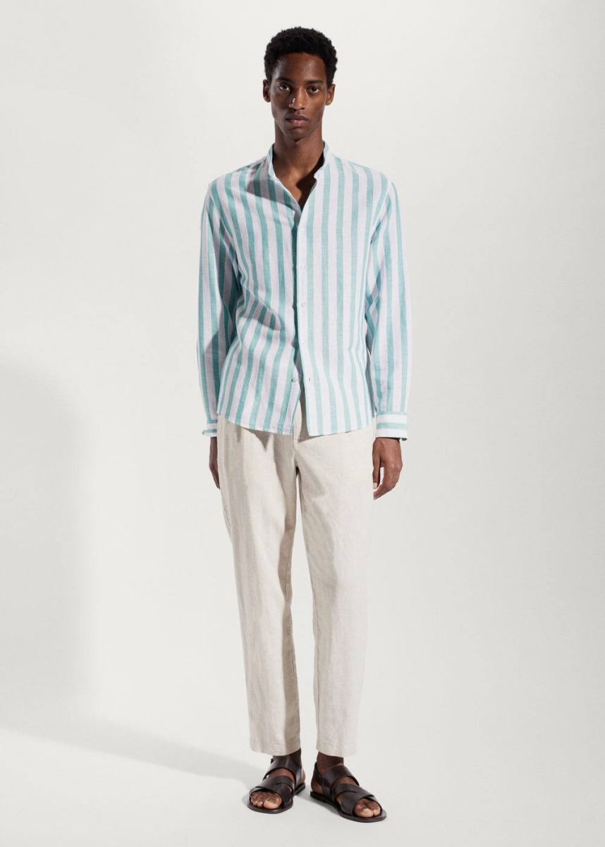Aqua Striped Linen Regular Fit-Shirt Mango Mens SHIRTS GOOFASH