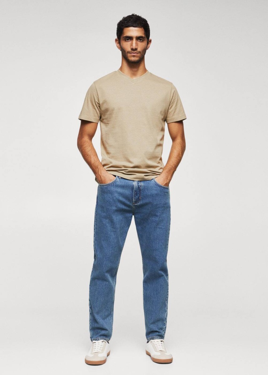 Beige Cotton Basic T-Shirt With V-Neck Mango Mens T-SHIRTS GOOFASH
