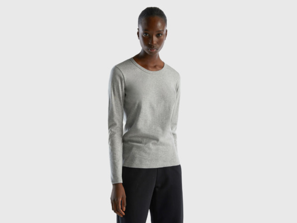 Benetton Grey Long Sleeved T-Shirt Made Of Pure Light Gray Female Womens T-SHIRTS GOOFASH