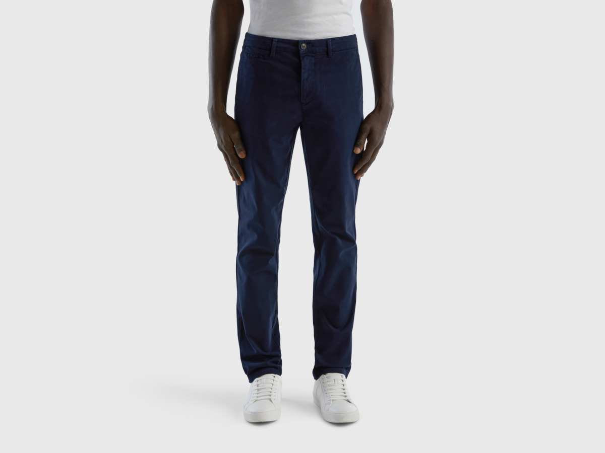 Benetton Man United Colors Of Dark Blue Chinos In Slim Fit Dark Blue Paint Mens TROUSERS GOOFASH