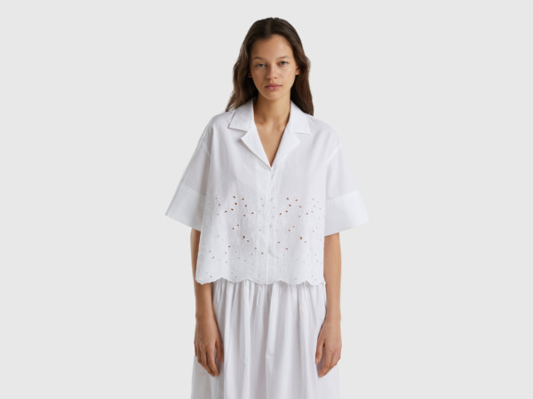 Benetton United Colors Of Blouse With Hole Embroidery White Female Womens BLOUSES GOOFASH
