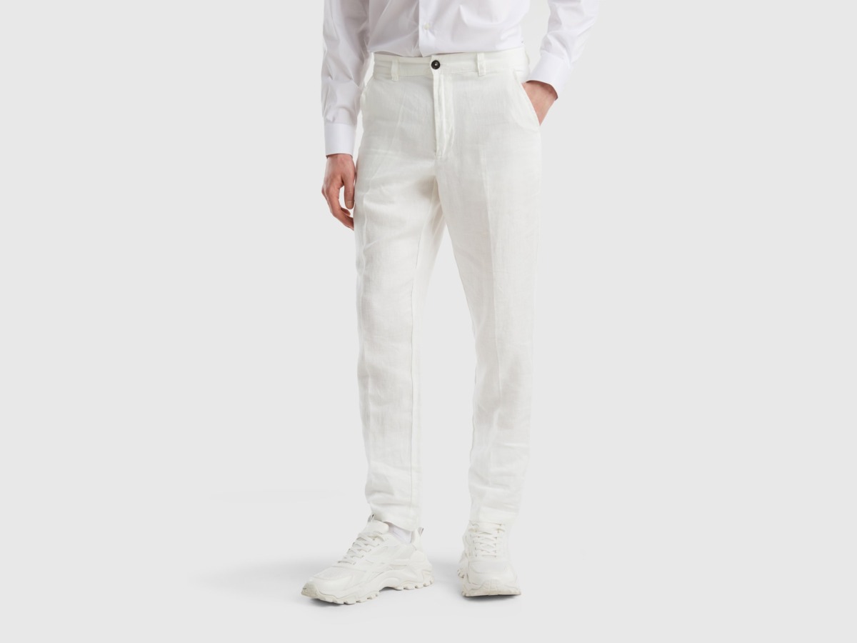Benetton United Colors Of Chinos From Pure Linen Cream White Male Mens TROUSERS GOOFASH