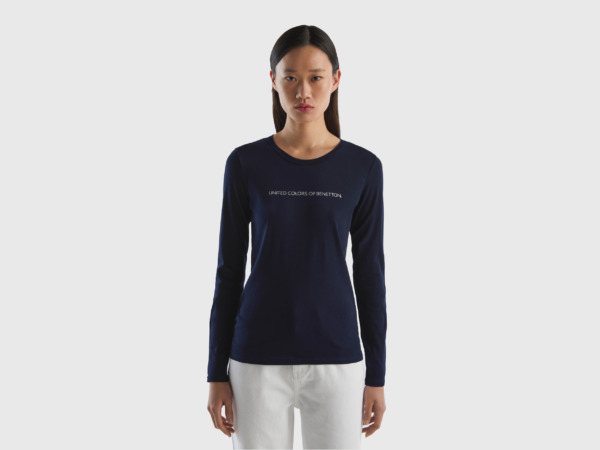 Benetton United Colors Of Long Sleeved Dark Blue T-Shirt Made Of Dark Blue Female Womens T-SHIRTS GOOFASH