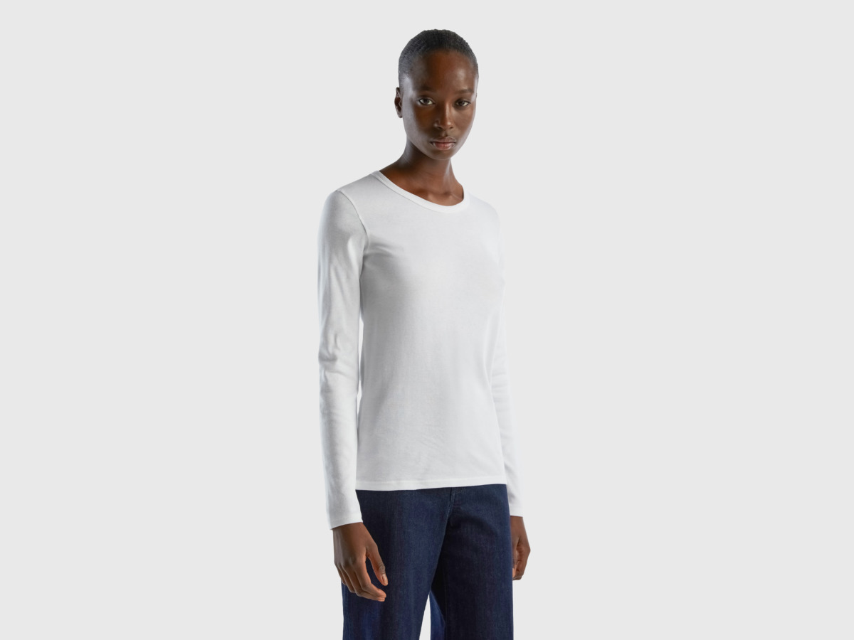 Benetton United Colors Of Long Sleeved T-Shirt Made Of Pure White Female Womens T-SHIRTS GOOFASH