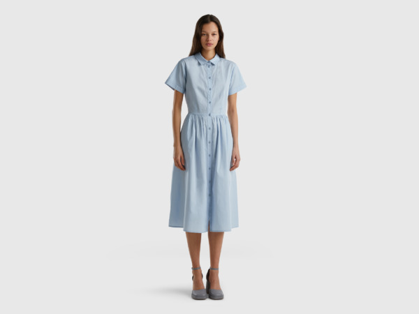 Benetton United Colors Of Midi Chemical Dress Made Of Pure Pale Blue Female Womens DRESSES GOOFASH