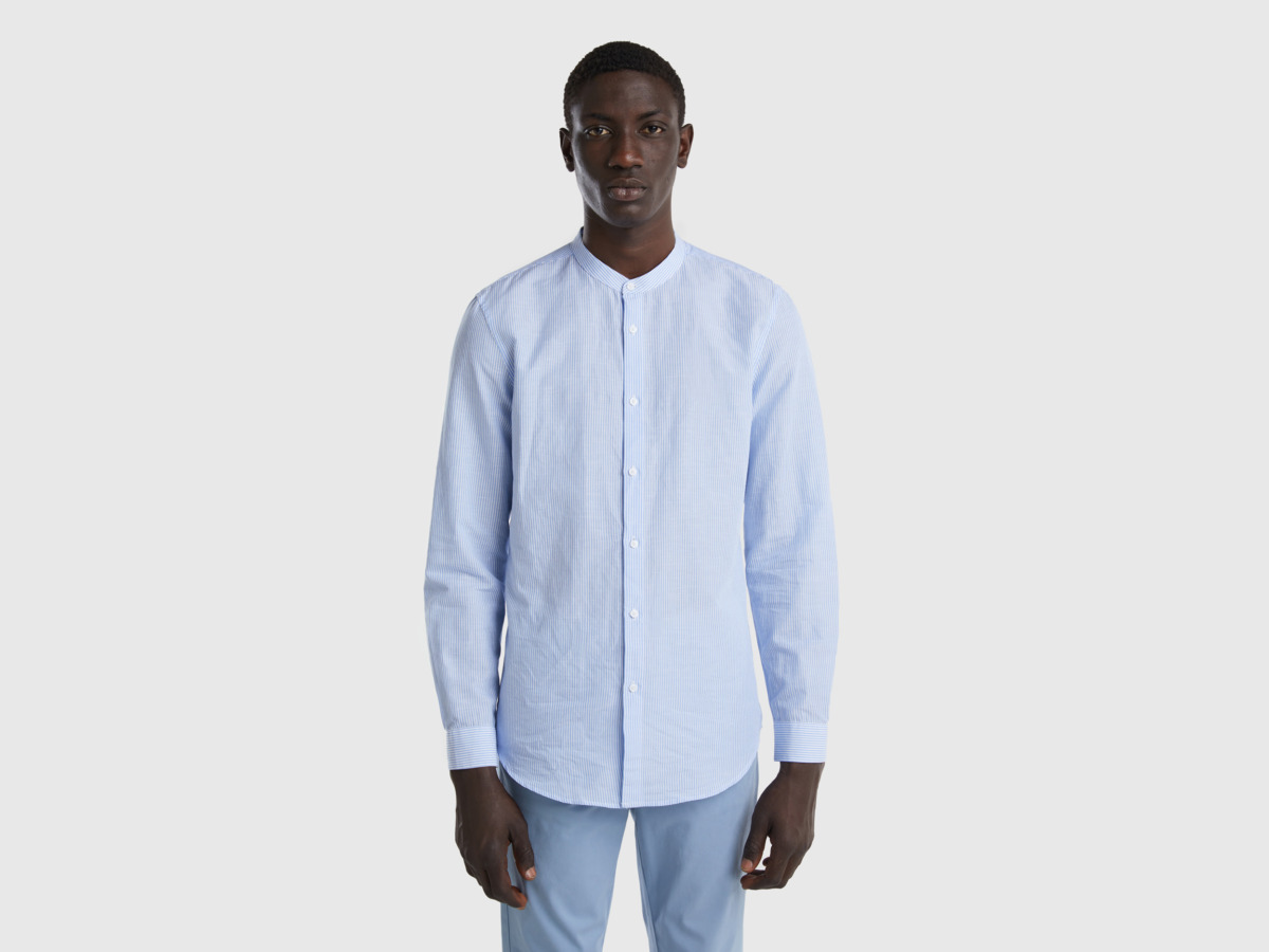 Benetton United Colors Of Shirt Made Of Linen Mixture With Korean Collar Pale Blue Male Mens SHIRTS GOOFASH