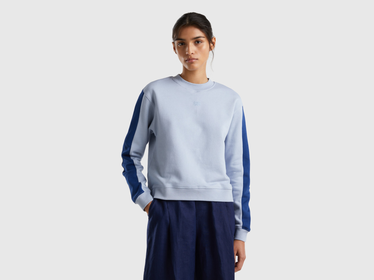 Benetton United Colors Of Sweatshirt In Sky Blue With Dark Blue Band Pale Blue Female Womens SWEATERS GOOFASH