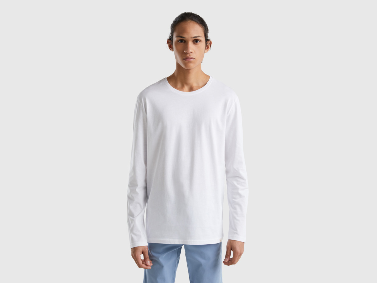 Benetton United Colors Of T-Shirt Made Of Pure With Long Sleeves White Male Mens T-SHIRTS GOOFASH
