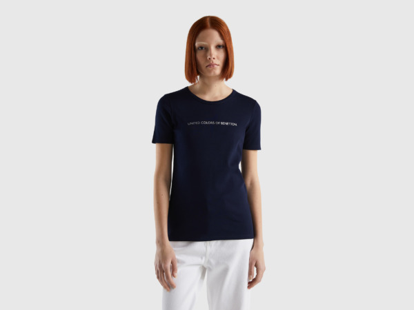 Benetton United Colors Of T-Shirt Made Of With Glittering Logoprint Dark Blue Female Womens T-SHIRTS GOOFASH