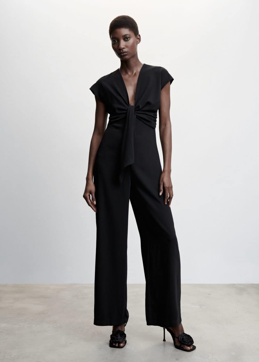 Black Jumpsuit With Button And Short Sleeves Mango Womens JUMPSUITS GOOFASH
