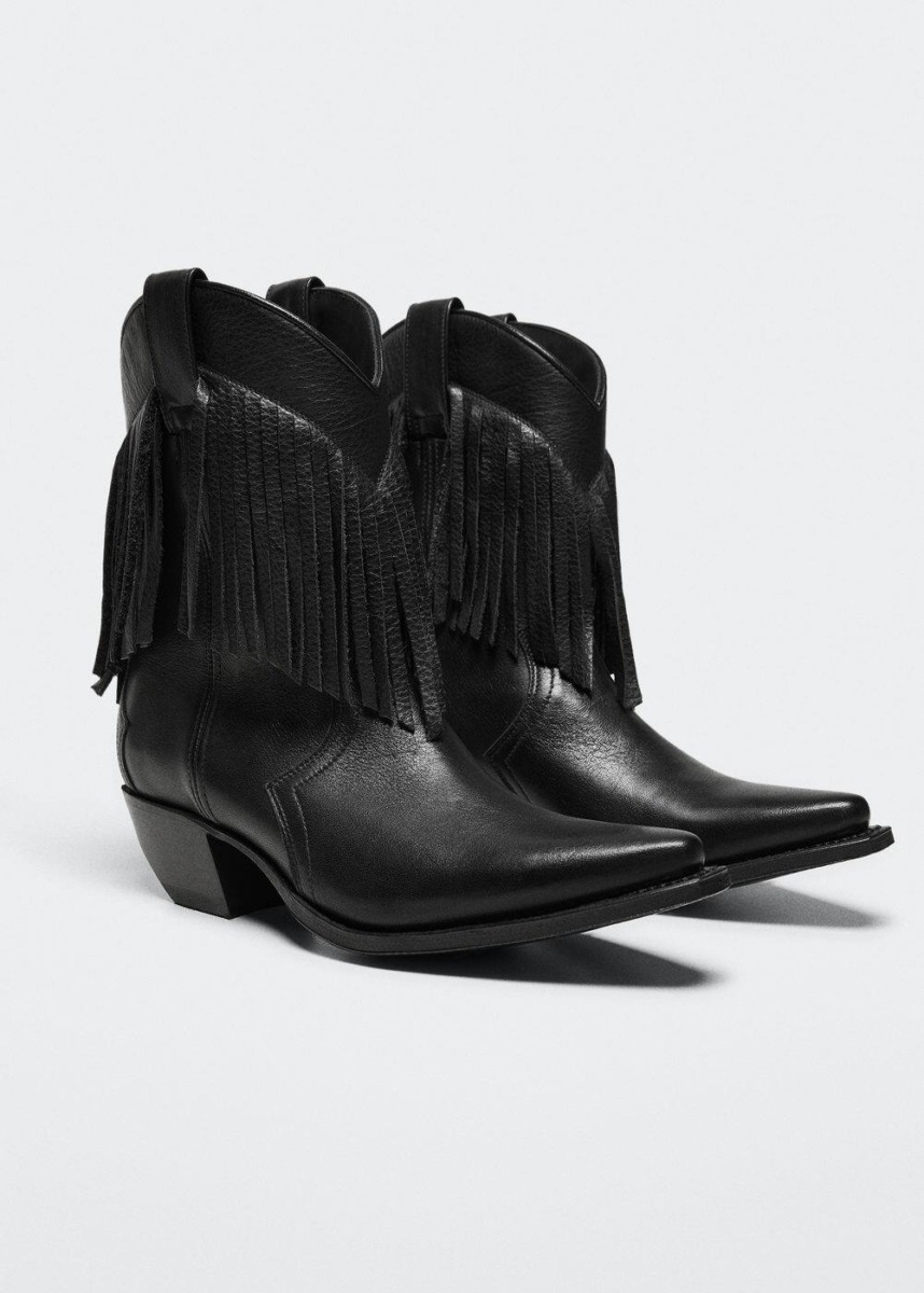 Black Leather Ankle Boots With Fringes Mango Womens ANKLE BOOTS GOOFASH