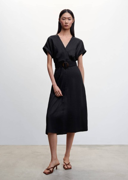 Black Linen Dress With Belt Mango Womens DRESSES GOOFASH