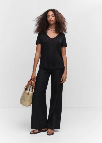 Black Linen T-Shirt With V-Neck Mango Womens T-SHIRTS GOOFASH
