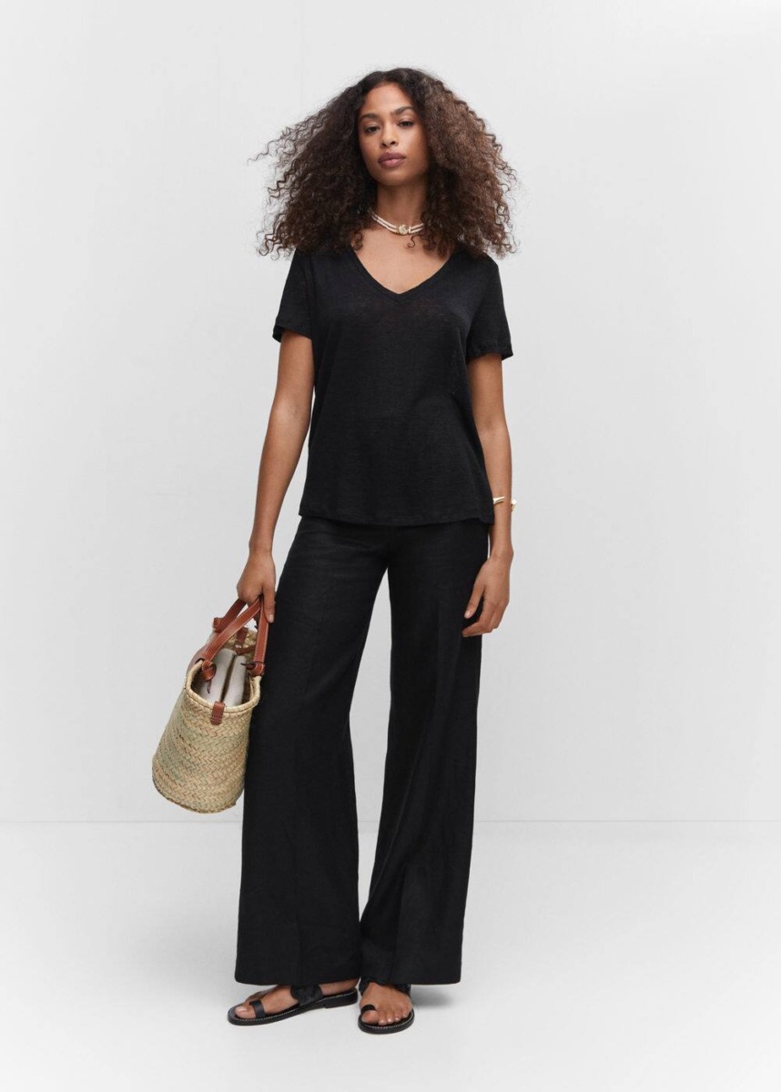 Black Linen T-Shirt With V-Neck Mango Womens T-SHIRTS GOOFASH