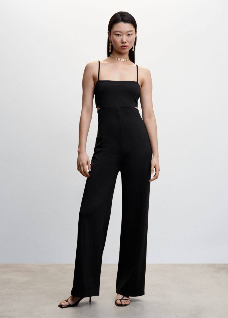 Black Long Jumpsuit With Openings Mango Womens JUMPSUITS GOOFASH