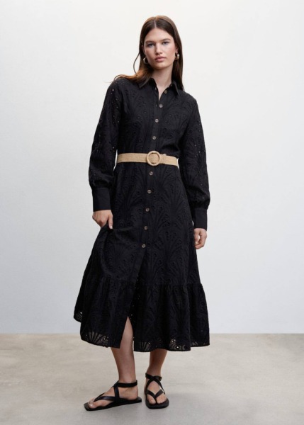 Black Shirt Dress With Openwork Details Mango Womens DRESSES GOOFASH