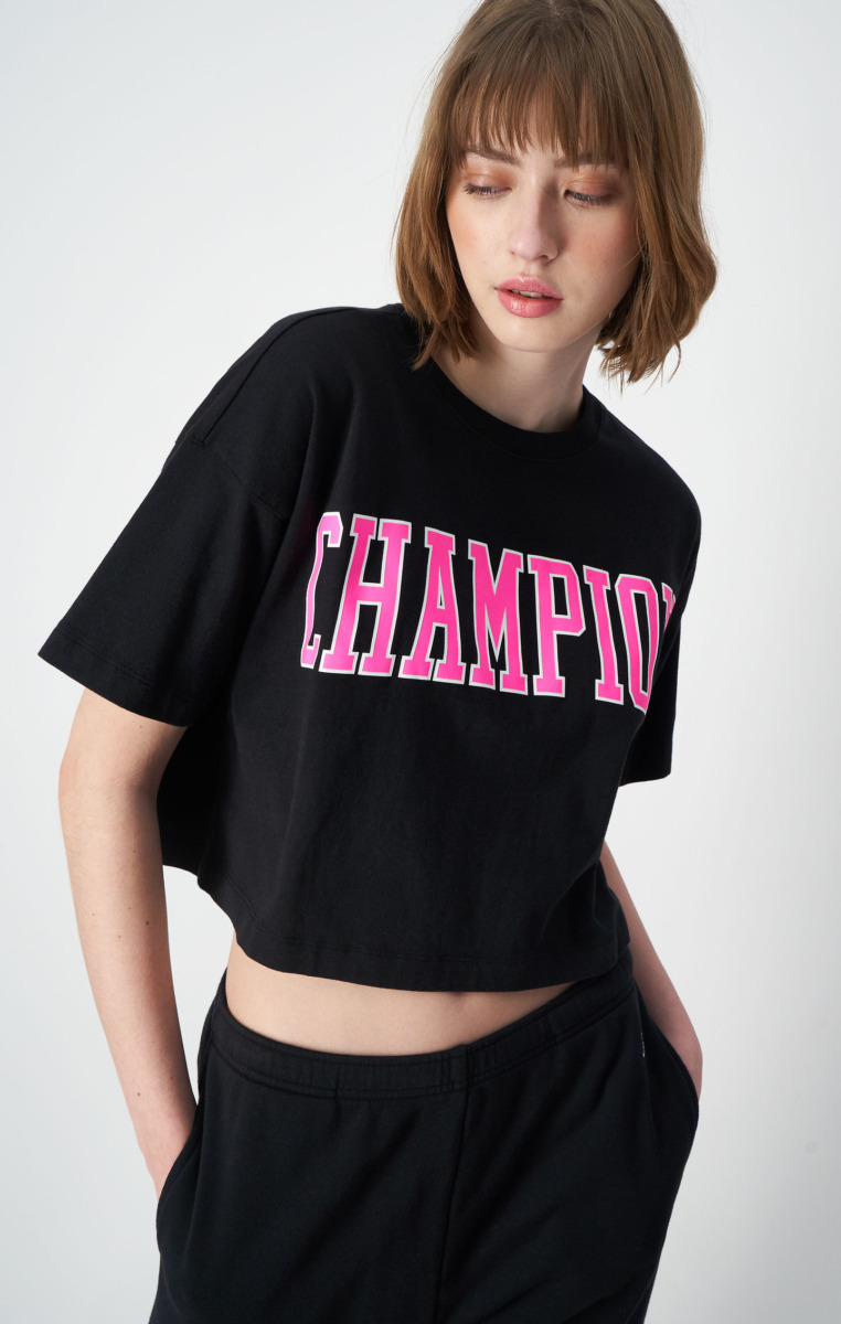 Black Short T-Shirt With College Style Logo Champion Woman Womens T-SHIRTS GOOFASH