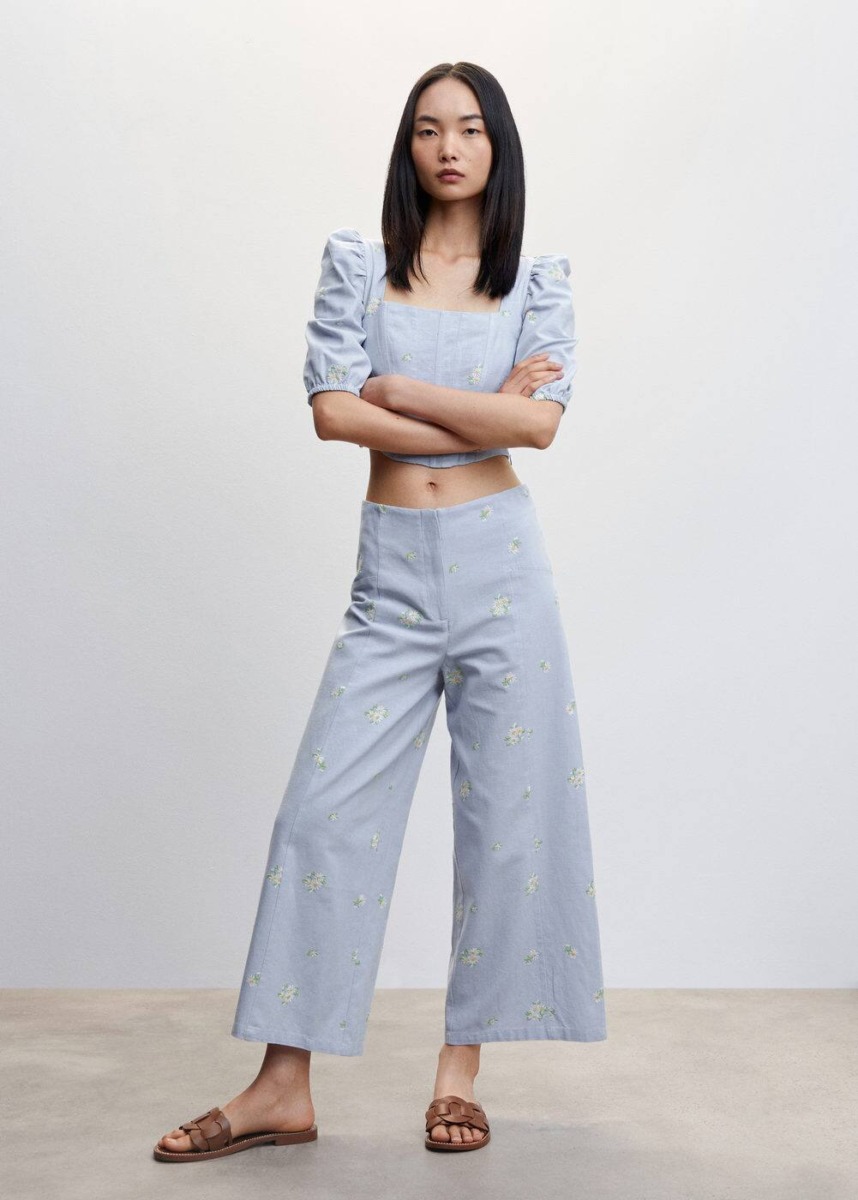 Blue Culotte With Embroidered Flowers Mango Womens TROUSERS GOOFASH