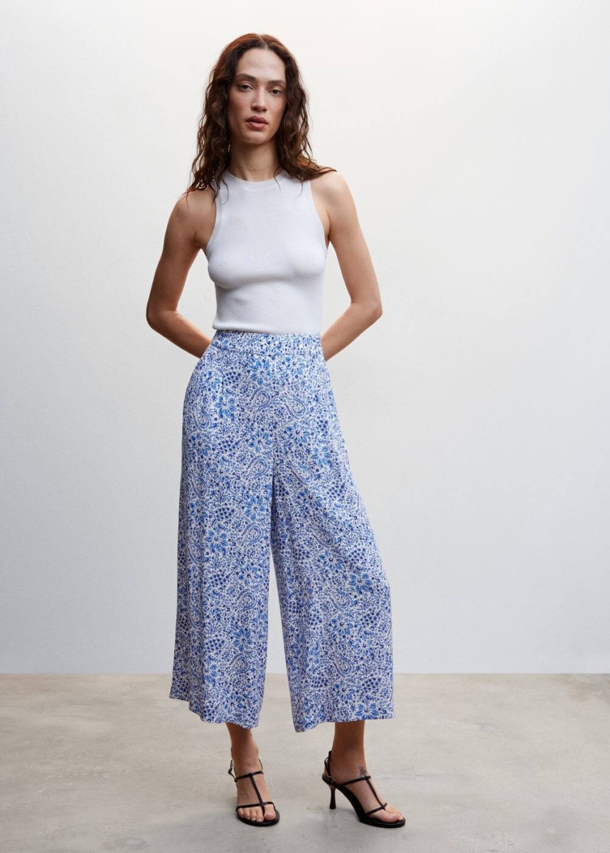 Blue Culotte With Flower Print Mango Womens TROUSERS GOOFASH