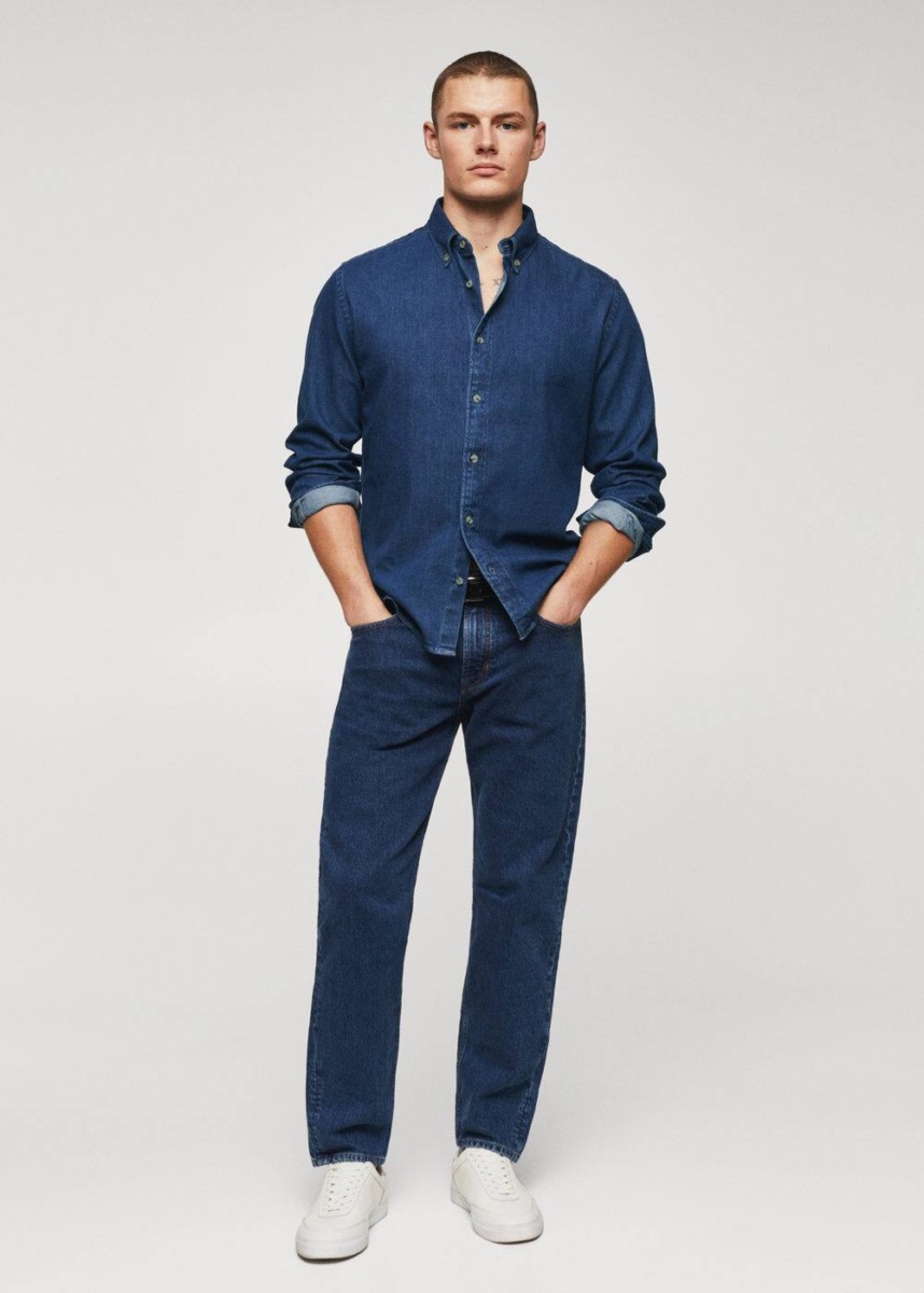 Blue Denim Slim Fit-Shirt Mango Mens SHIRTS GOOFASH