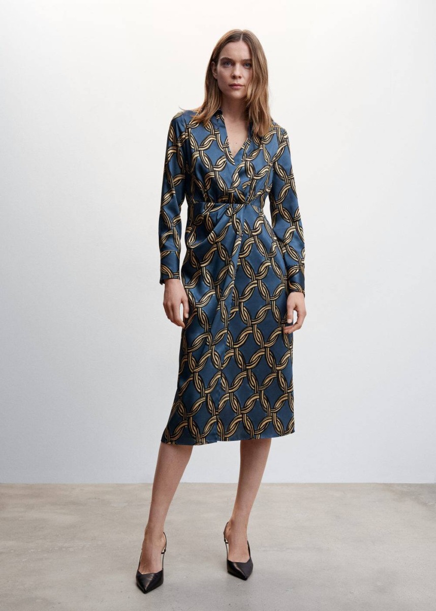 Blue Midi Dress With Chain Print Mango Womens DRESSES GOOFASH
