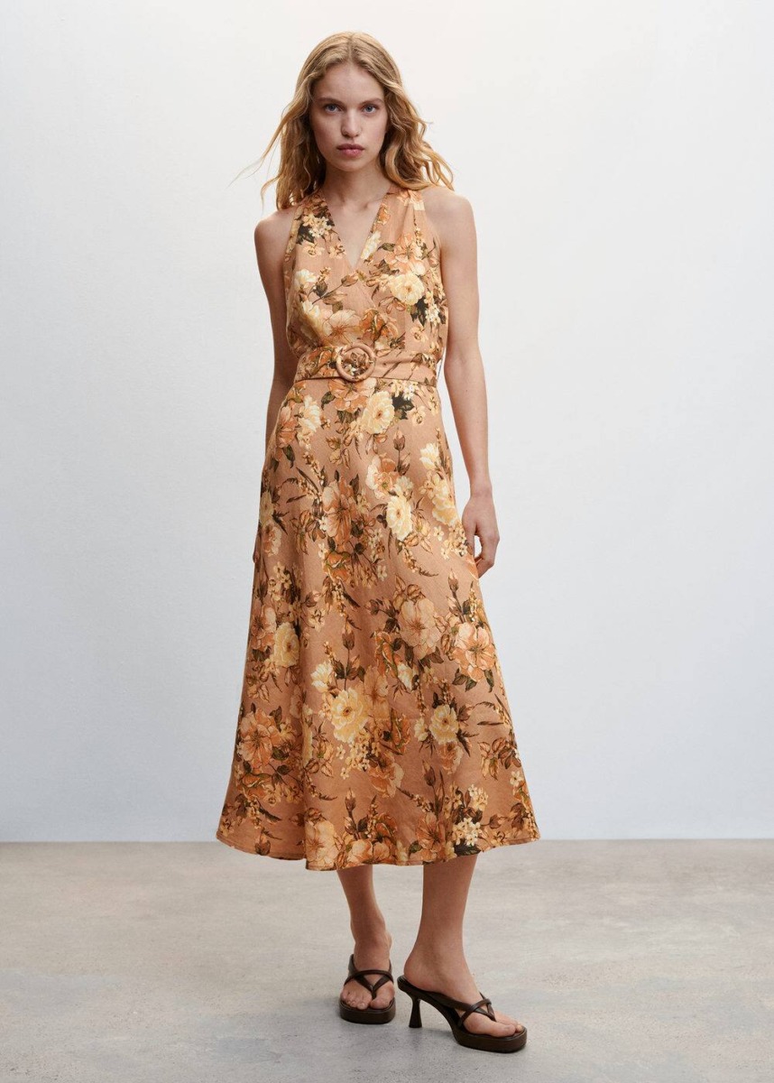 Brown Floral Linen Dress Mango Womens DRESSES GOOFASH
