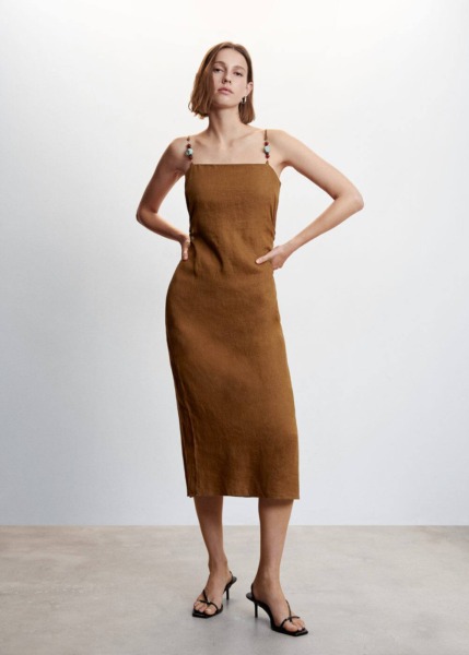 Brown Linen Dress With Stone Detail Mango Womens DRESSES GOOFASH