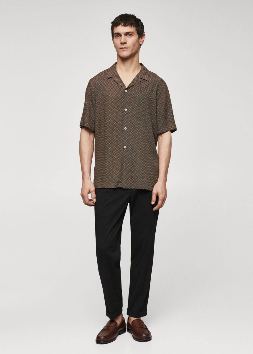 Brown Printed Shirt With Short Sleeves Mango Mens SHIRTS GOOFASH