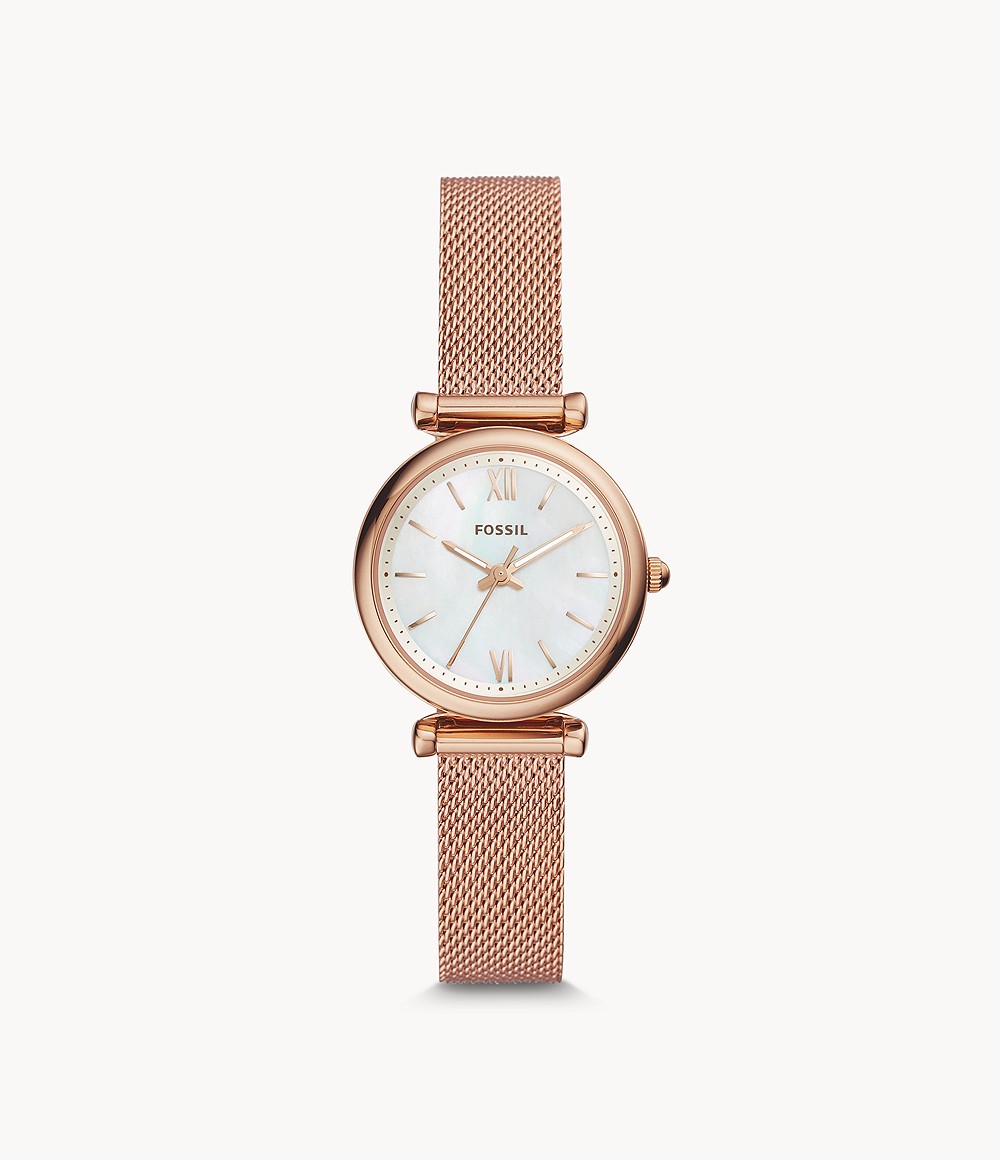 Carlie Mini Three Hand Rose Gold Tone Stainless Steel Watch Women's Fossil Womens WATCHES GOOFASH