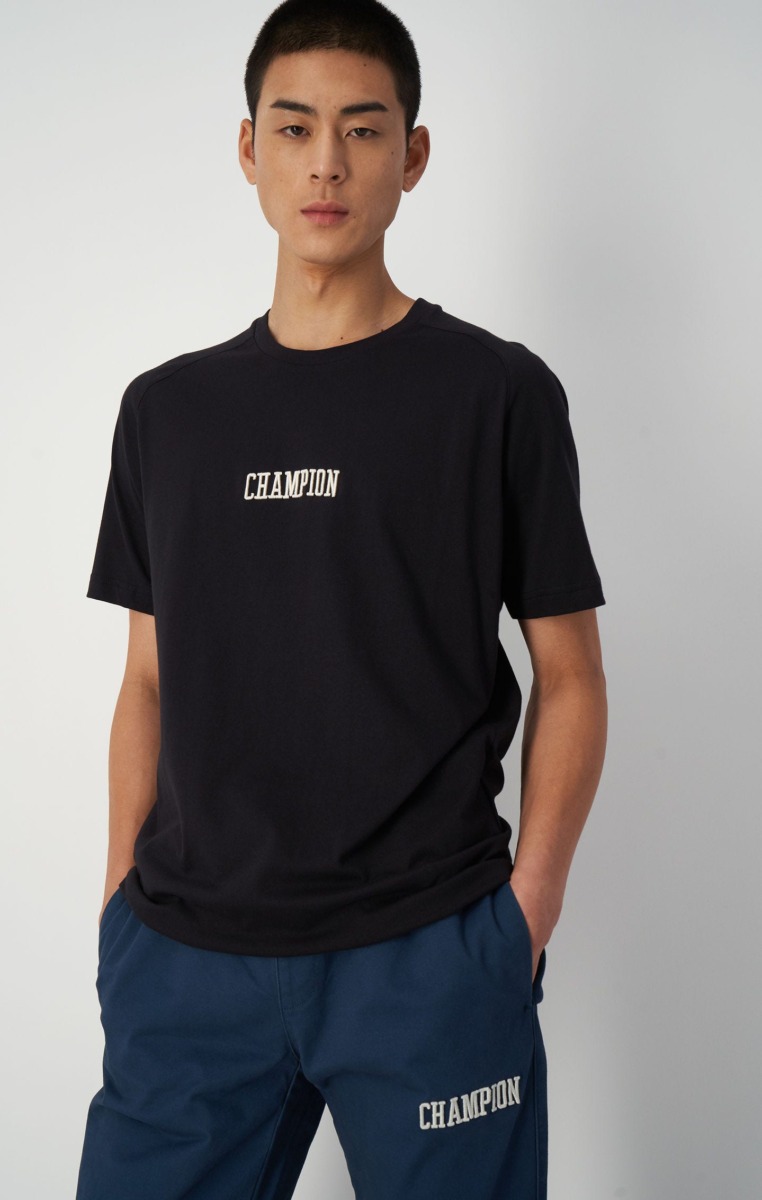 Champion Men Black Cotton T-Shirt With Logo In College Style Mens T-SHIRTS GOOFASH