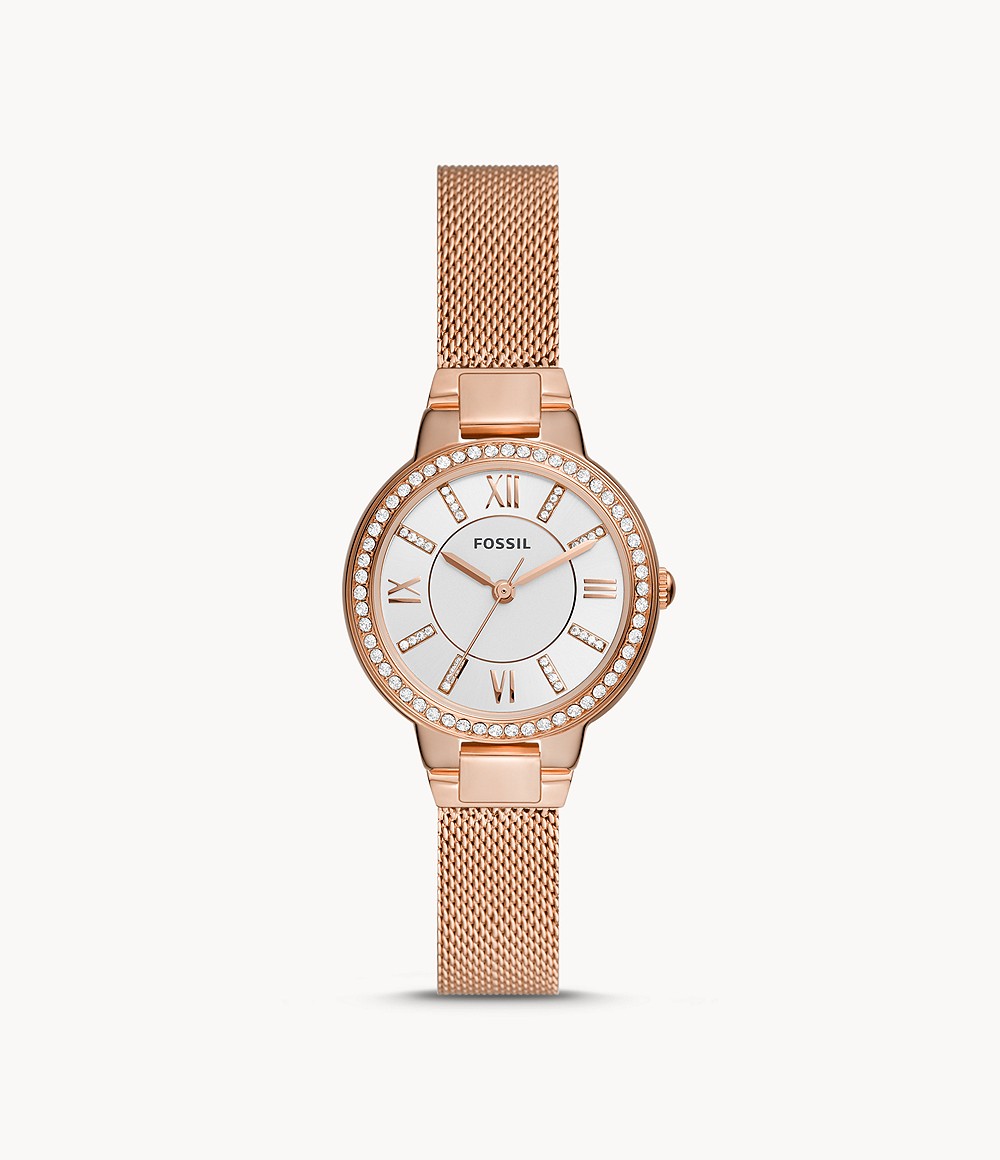 Fossil Virginia Three Hand Rose Gold Tone Stainless Steel Mesh Watch Woman Womens WATCHES GOOFASH