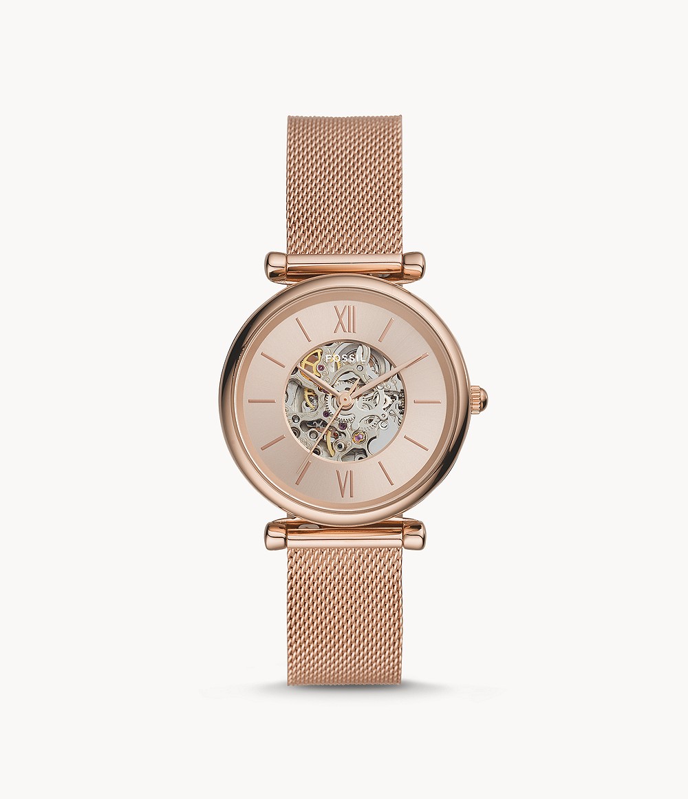 Fossil Woman Carlie Automatic Rose Gold Tone Stainless Steel Mesh Watch Womens WATCHES GOOFASH