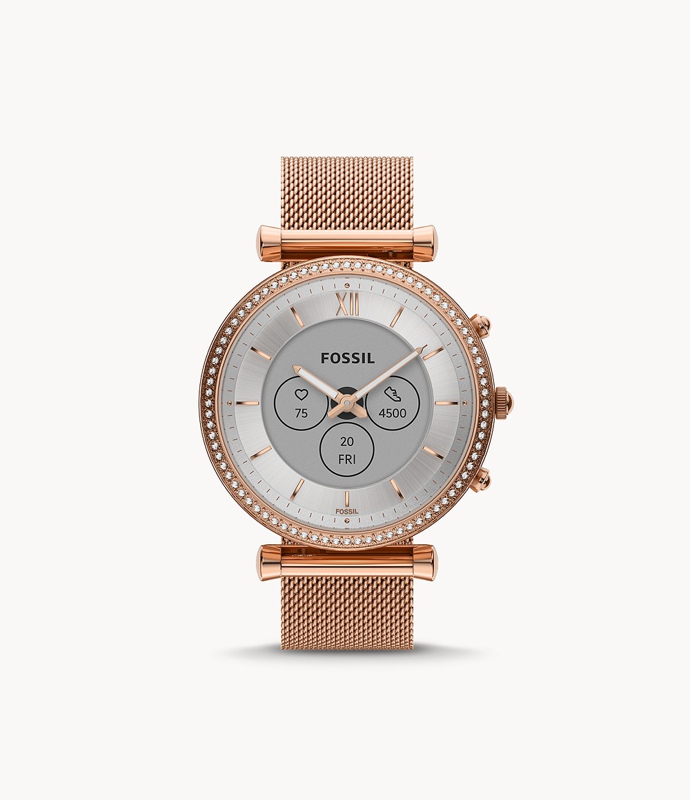 Fossil Woman Carlie Gen Hybrid Smartwatch Rose Gold Tone Stainless Steel Mesh Womens WATCHES GOOFASH