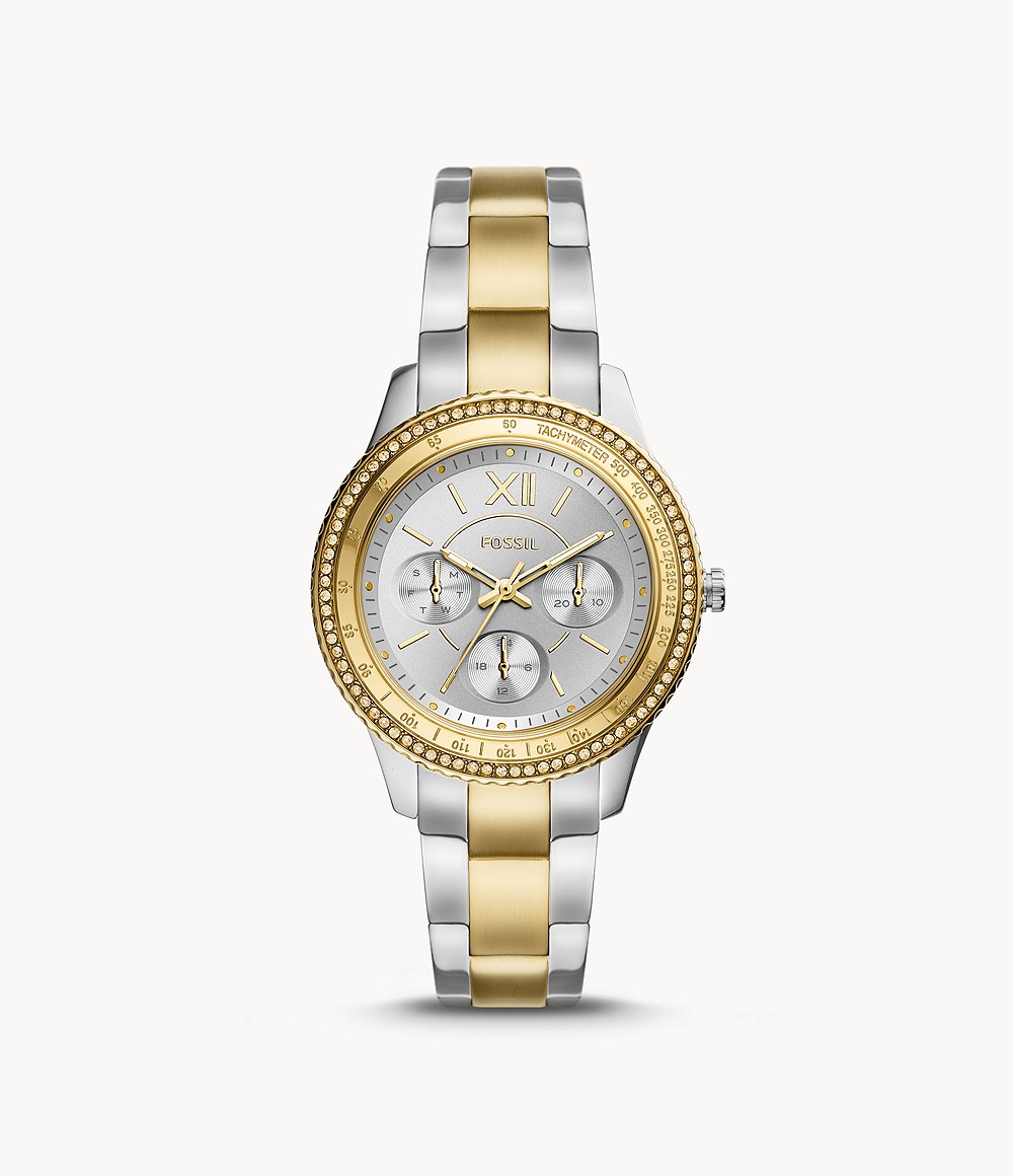 Gold Stella Sport Multifunction Two Tone Stainless Steel Watch Fossil Woman Womens WATCHES GOOFASH