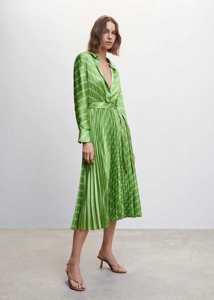 Green Pleated Satin Shirt Dress Mango Womens DRESSES GOOFASH