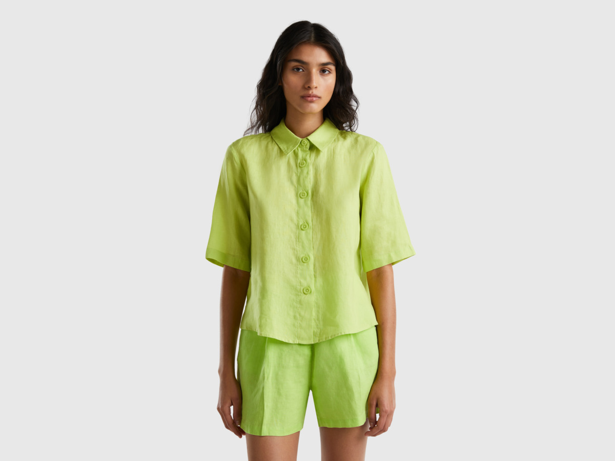 Green Short Blouse Made Of Pure Linen Female Benetton Womens BLOUSES GOOFASH