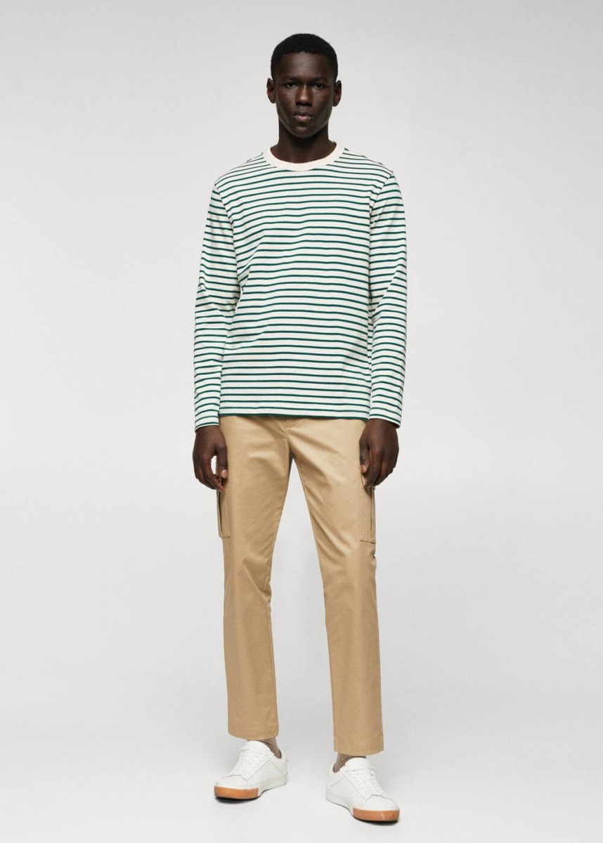Green Striped T-Shirt With Long Sleeves Mango Mens T-SHIRTS GOOFASH