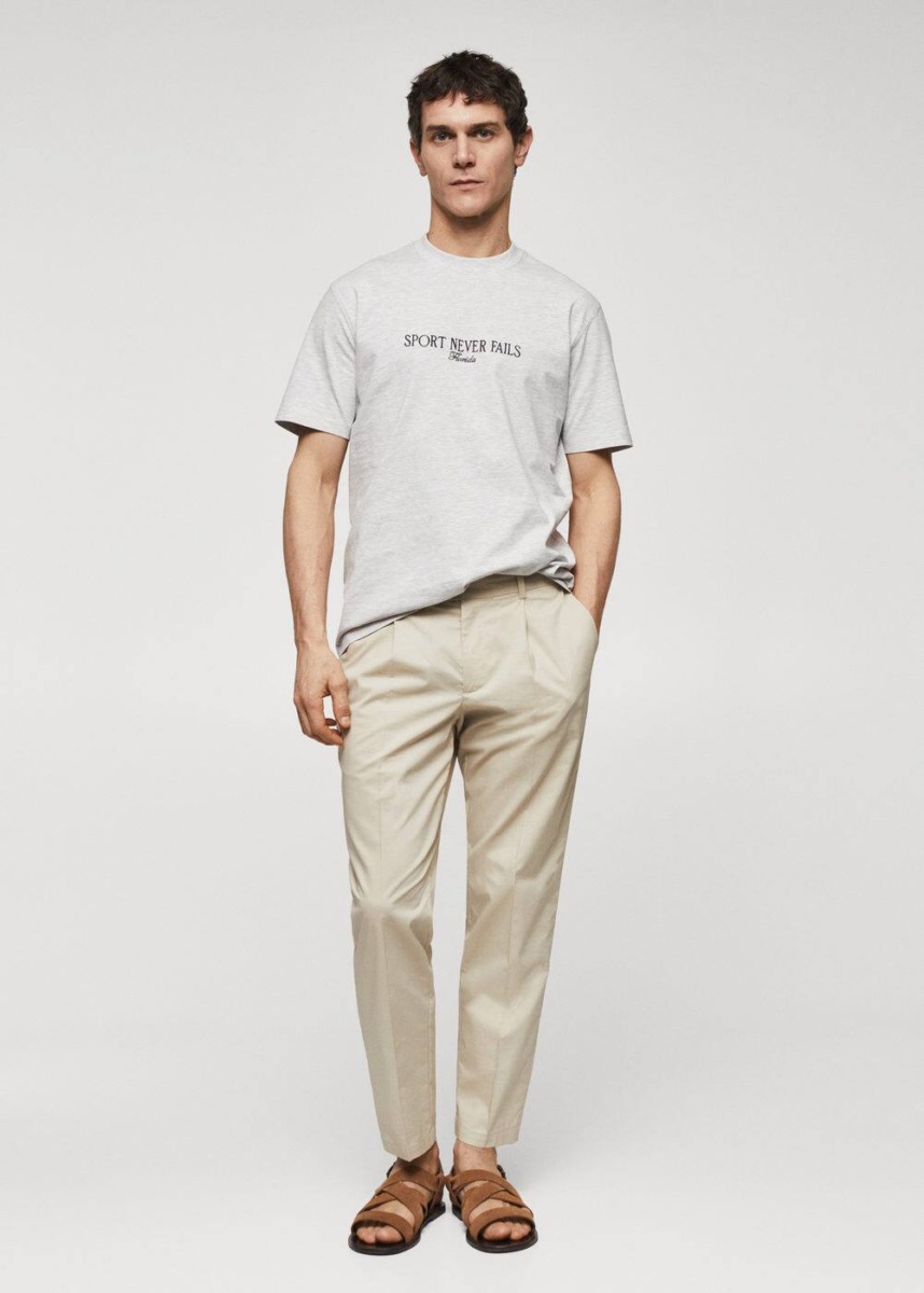 Grey Cotton T-Shirt With Embroidered Message Mango Mens T-SHIRTS GOOFASH
