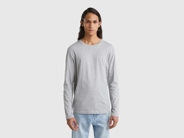 Grey T-Shirt Made Of Pure With Long Sleeves Light Gray Male Benetton Mens T-SHIRTS GOOFASH