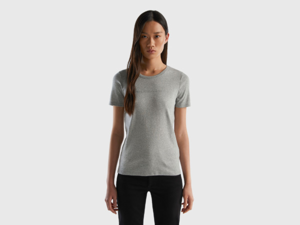 Grey T-Shirt Made Of With Glittering Logoprint Light Gray Female Benetton Womens T-SHIRTS GOOFASH