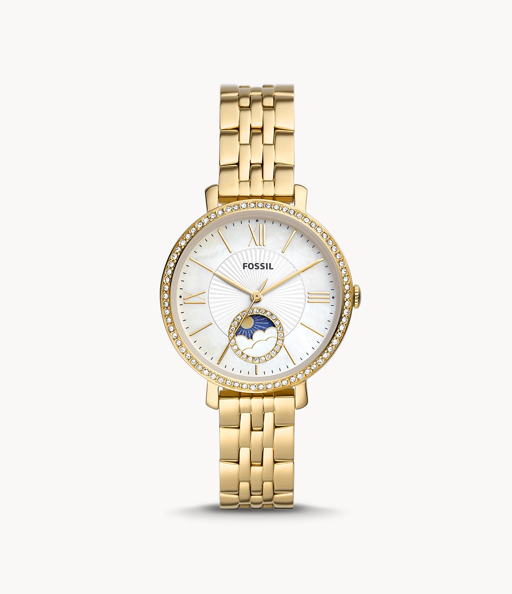 Jacqueline Sun Moon Multifunction Gold Tone Stainless Steel Watch Women's Fossil Womens WATCHES GOOFASH
