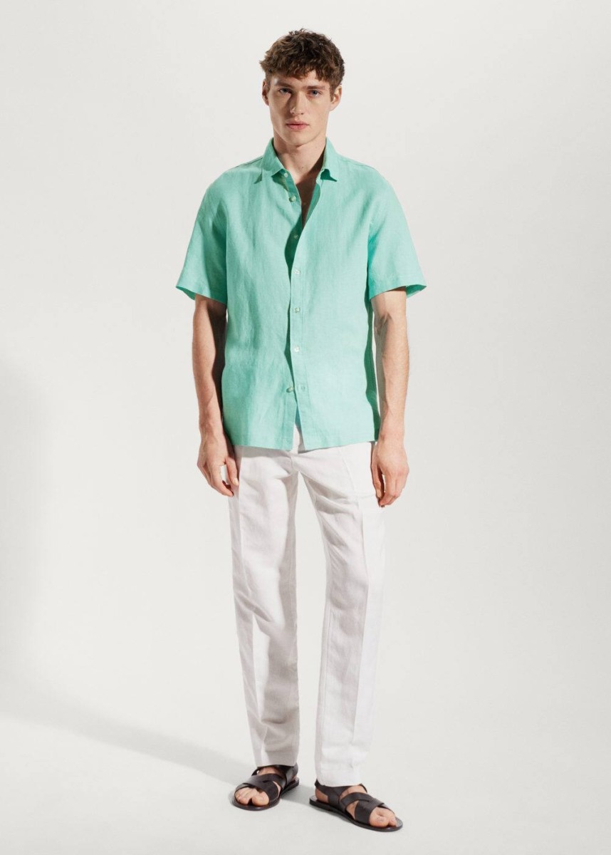 Mango Aqua Linen Shirt With Short Sleeves Mens SHIRTS GOOFASH