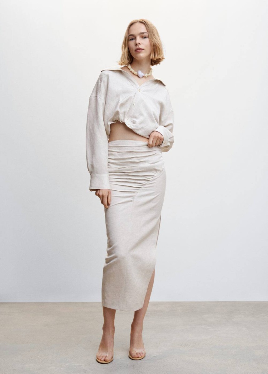 Mango Beige Linen Skirt With Pleated Details Womens SKIRTS GOOFASH
