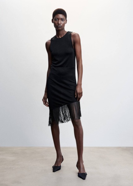 Mango Black Asymmetrical Dress With Fringes Womens DRESSES GOOFASH