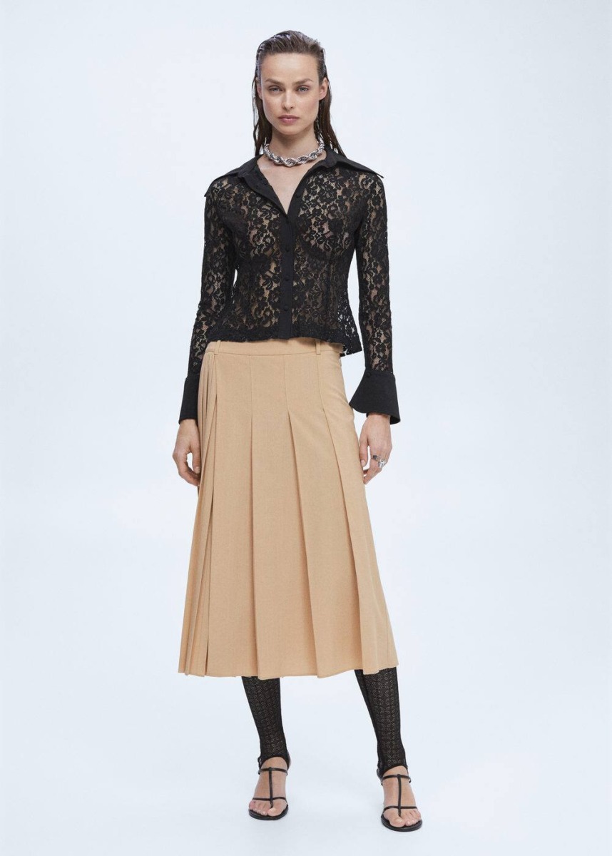 Mango Black Blouse With Lace And Puffed Sleeves Womens BLOUSES GOOFASH