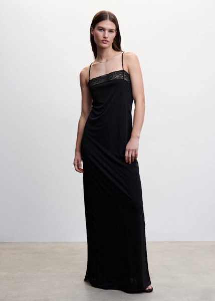 Mango Black Dress With Lace Details Womens DRESSES GOOFASH