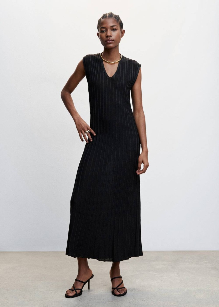 Mango Black Knitted Dress With Contrasting Details Womens DRESSES GOOFASH