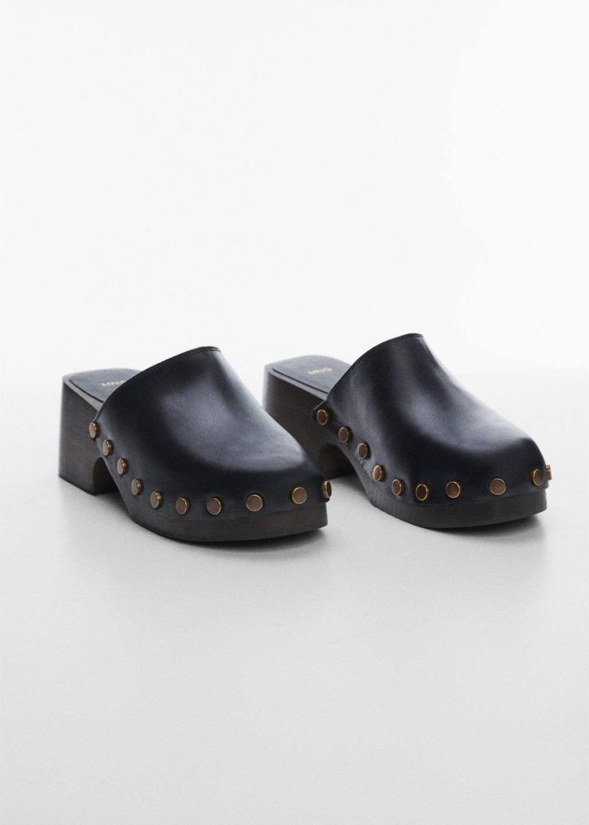 Mango Black Leather Clogs With Studs Womens SLIPPERS GOOFASH