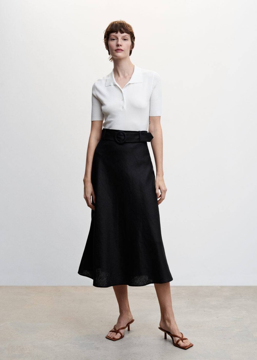 Mango Black Linen Skirt With Belt Womens SKIRTS GOOFASH