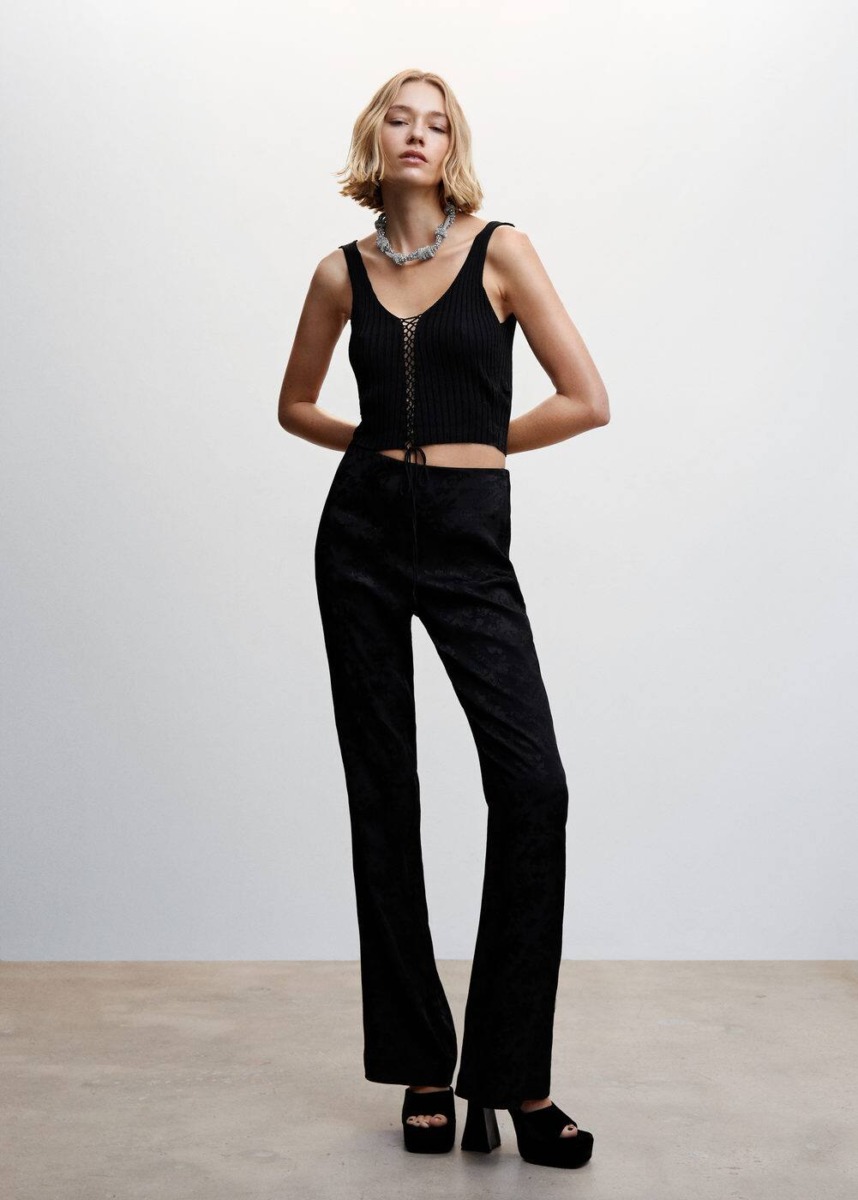 Mango Black Ribbed Top With Cords Womens TOPS GOOFASH